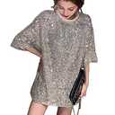 Nite closet Loose Silver Sequin Tops Sparkle Long Shirt for Women Punk Rock Clothing (6) L