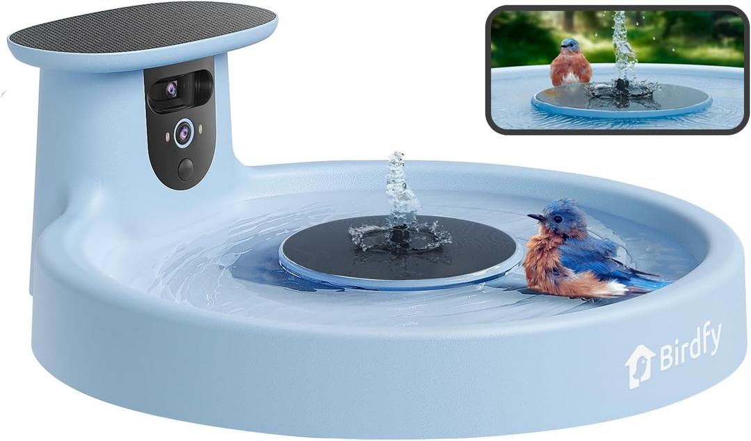 Birdfy Smart Bird Bath with Camera Solar Powered & Fountain, Dual-Lens Camera for Wildbird Watching, Auto Capture Bird Videos & Motion Detection - AI by Subscription (Blue)