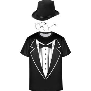 Tuxedo White Funny Men's T Shirt Classic Party Humor Vintage Shirt with Hats Black Top Hat and Metal Frame Glasses, M Tuxedo White Funny Men's T Shirt Classic Party Humor Vintage Shirt with Hats Black Top Hat and Metal Frame Glasses, M