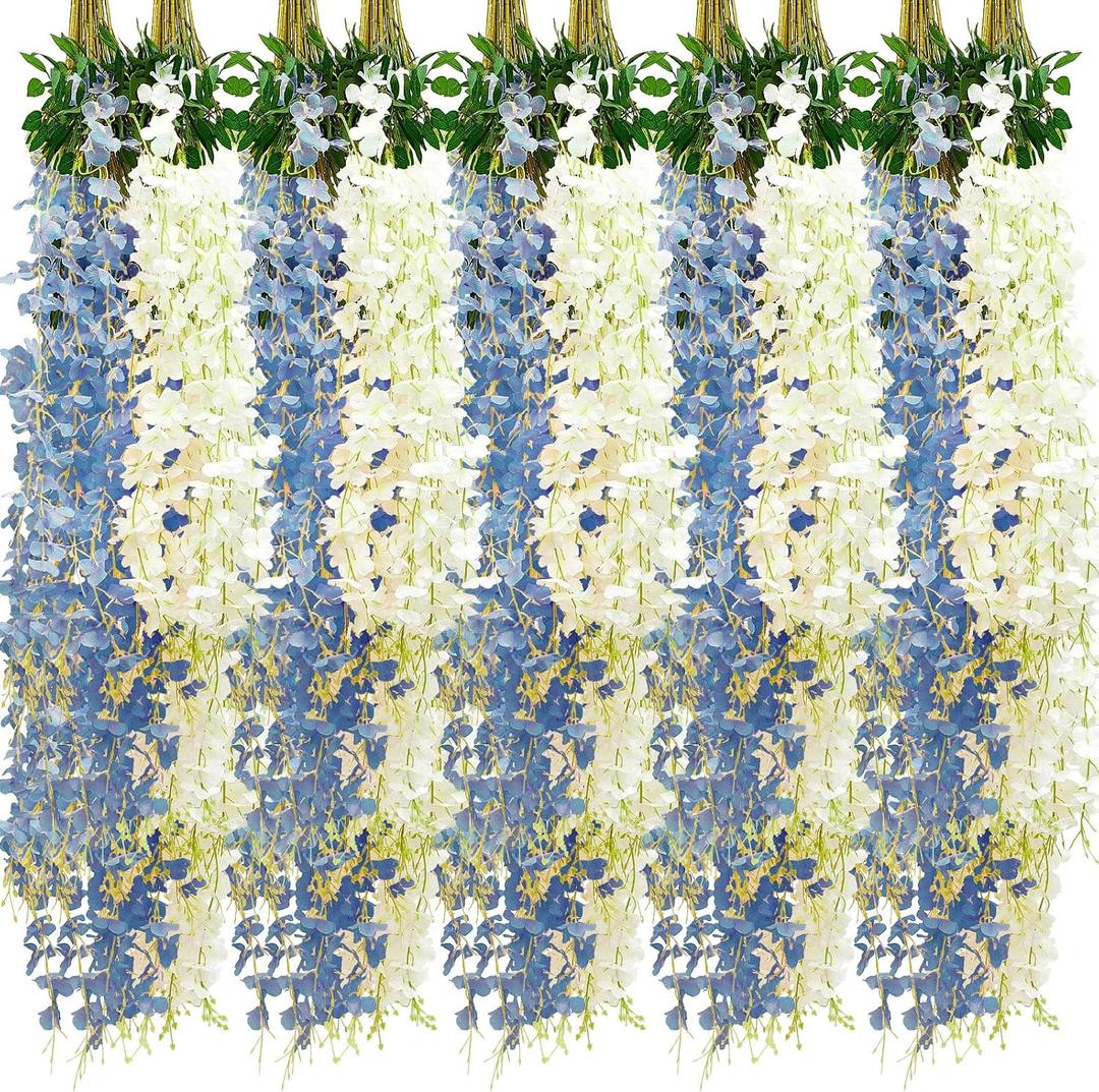 Giegxin 24 Pcs Artificial Wisteria Hanging Flowers 3.6 ft Artificial Fake Wisteria Vine Rattan Hanging Garland Silk Flowers String for Wall Home Wedding Party Greenery Decorations (Blue,White)