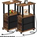 TUTOTAK Small Narrow End Tables, Side Tables with 2 Fabric Drawers, Set of 2, Bedside Tables with Charging Station for Small Spaces, Slim Nightstands with USB Ports and Wheels, TB01BB053C