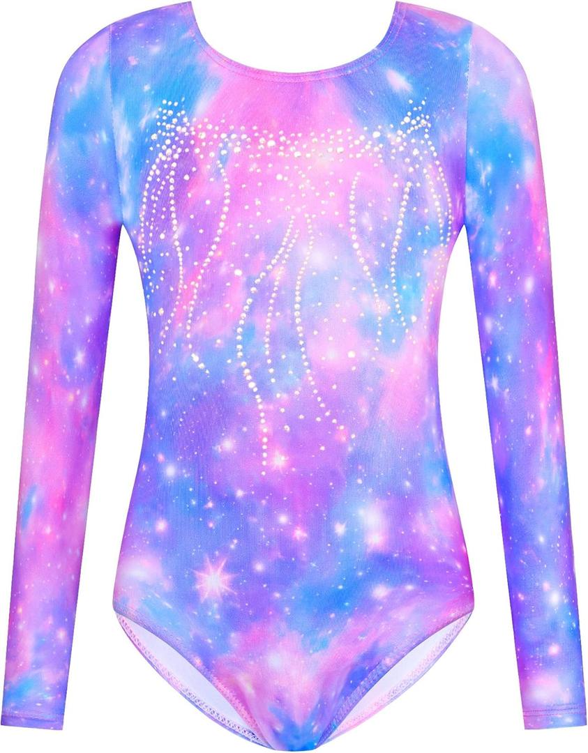 Nymphperi Girls Gymnastics Leotards Long Sleeve Kids Tumbling Outfit Stretchy Bodysuit for Practice (3-4T, Pink Purple Blue)