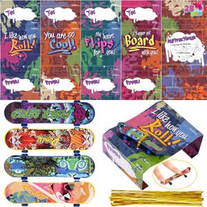JOYIN 28 Pcs Valentines Day Finger Skateboards with Cards for Kids, Valentine Party Favor, Greeting Cards, Classroom Exchange Prizes, Holiday Reward Gifts, Finger Skateboard Toys