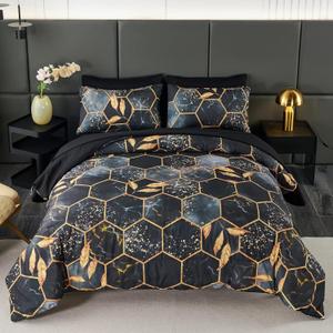ANGIYUIN Geometric Black Queen Comforter Set, 7 Pieces Modern Foil Print Decor Gold Trim Bed in A Bag, Ultra Soft Lightweight Duvet Insert for All Season (Black Queen)