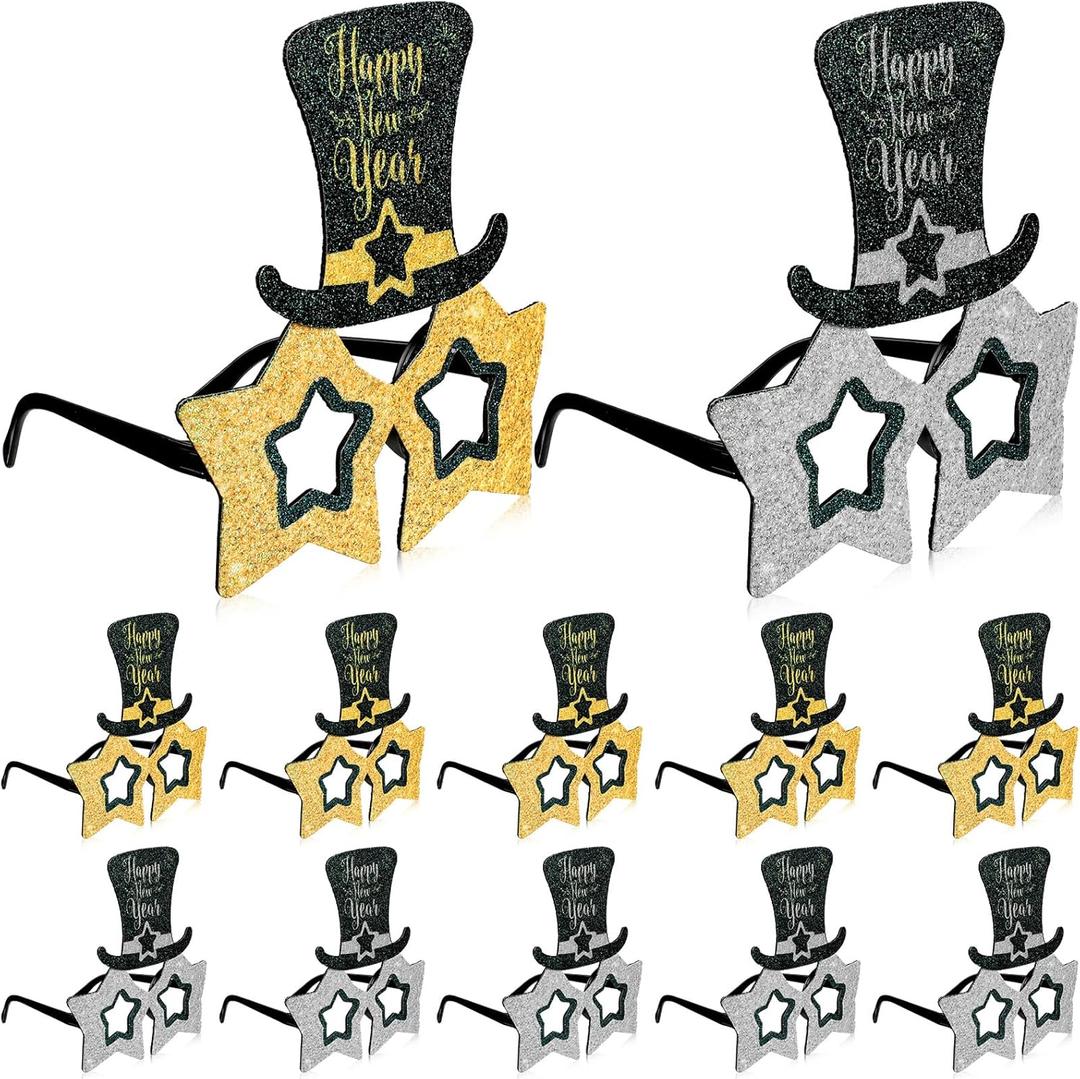 Lyrow 12 Pcs Happy New Year Eyeglasses Bulk 2026 Novelty Hat Shaped Glasses Fancy Glasses Photo Booth Party Props for Happy New Year Party