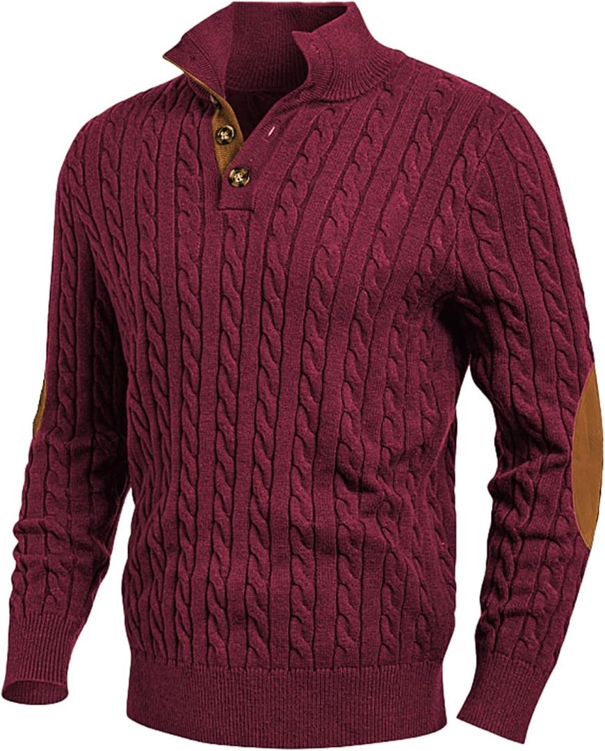 JMIERR Men's Cable Knit Pullover Sweater Casual Long Sleeve Stand Collar Button Knitted Sweaters (XX-Large, Red)