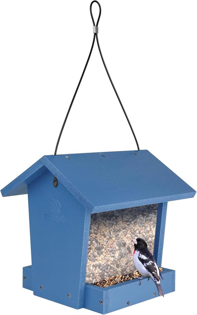 Bird Banquet Recycled Plastic Hopper Bird Feeder with Fresh Seed Tray for Wild Birds and Outdoor Dcor, 2.15 Quart Capacity, Blue
