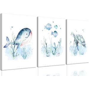 Wodkwq Ocean Nursery Decor,Nursery Wall Decor,Kids Bathroom Decor,Under The Sea,Boys Room Sea Animal Wall Art Picture Canvas Prints Set of 3,Bedroom 12x16 Inch Framed