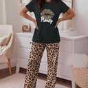 CHICME 2 Pieces Outfit Short Sleeve Top and Elastic Waist Pants Set Casual Leopard Print Pajamas Set-bk-L