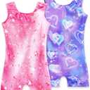 2 Pack Leotard for Girls Gymnastics Sparkly Tumbling Unitards with Shorts Sleeveless One Piece Biketards (3-4T, 2pcs Purple Heart & Pink B)