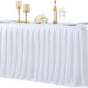 PARTISKY White Polyester Table Skirt for Rectangle Tables 14f, Wrinkle Resistant Pleated Ruffle Table Cloth for Birthday Party Banquet Wedding Baby Shower