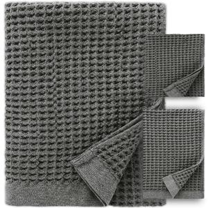 ONSEN Waffle Bath Sheet Set 3-Piece Cotton Bundle with Bath Sheet, Hand and Face Towels,  Lightweight, Quick Dry, and Absorbent Ideal for Bathroom, Gym, Guest Use, Cinder Grey