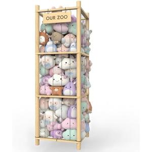 Stuffed Animal Storage & Organizer, Wooden Eco-Friendly Toy Holder with Elastic Ropes & DetachableBag, Fun Interactive Plush Toy Storage, Easy Assembly Durable Organizer for Nursery, Bedroom &Playroom