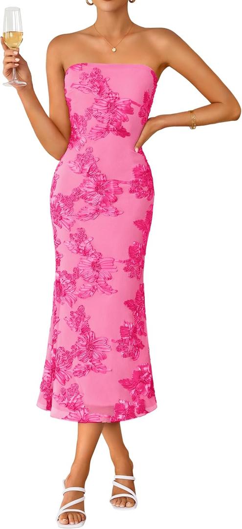 ZESICA Cocktail Wedding Guest Dresses for Women 2026 Summer Strapless Floral Bodycon Mesh Tube Formal Party Midi Dress, M