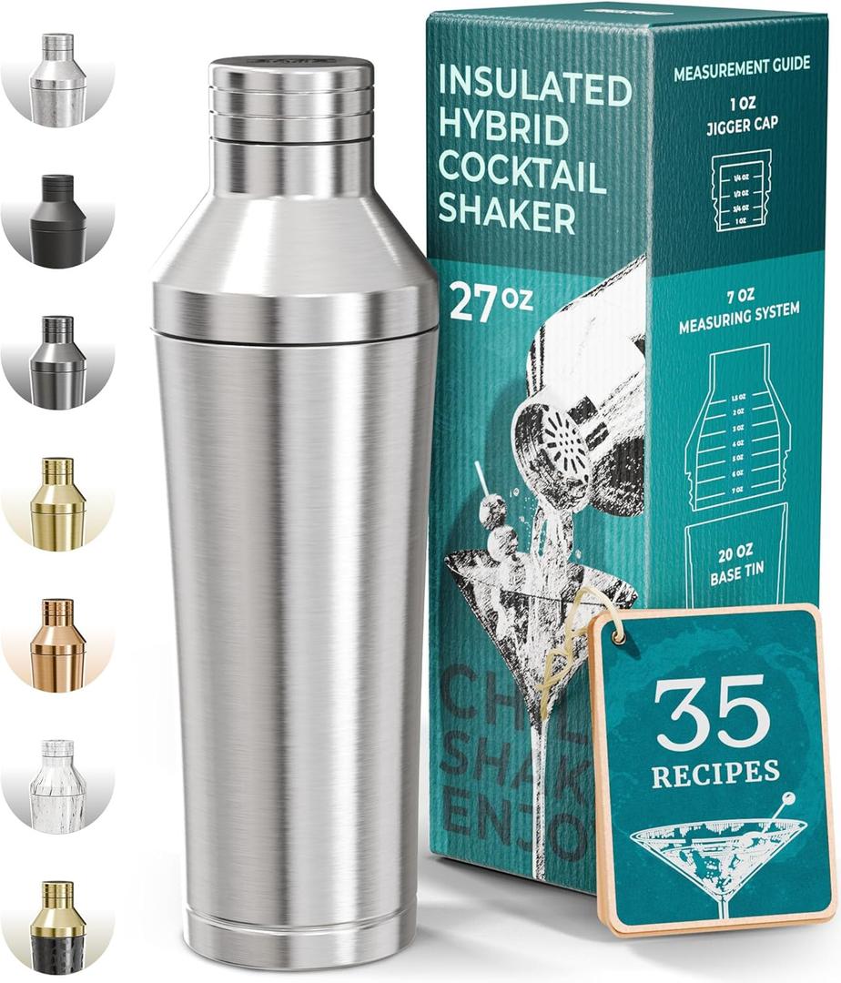 BARE BARREL Insulated Cocktail Shaker Set | Double Wall Stainless Steel | Martini Shaker for Home Bar Bartending | Builtin Drink Measure System & Strainer, Travel Bag, Recipes | Gift Set (Silver)