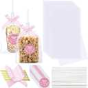 Wavwavw 100 Sets Clear Rice Treat Bags with Ribbon Bow and Thank You Stickers Clear Flat Cellophane Treat Candy Bags for Rice Treats Gift Giving Bag (Pink)