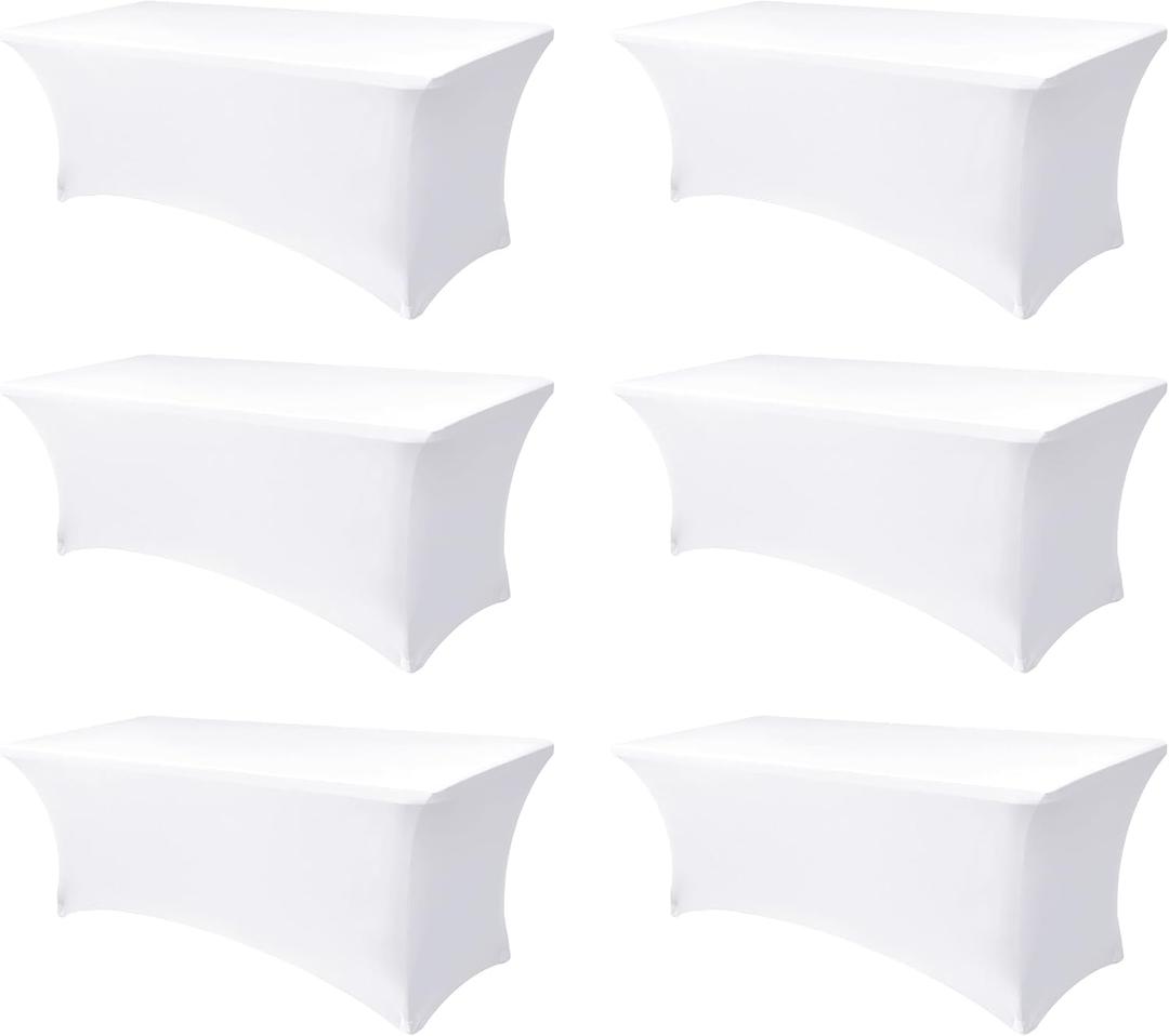Table Cover for 6 foot Rectangle Tables-6 Pack White Fitted Stretch Tablecloth-Elastic Spandex 6ft Folding Tablecloths for Party, Vendor Booth Display, Banquet Buffet Event, Craft Trade Show