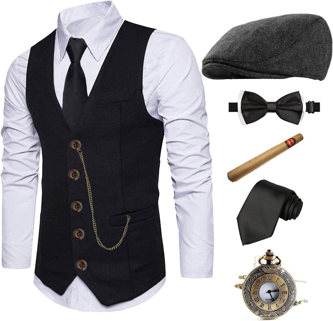 EFORLED Halloween 1920s Mens Costume 2025,Gatsby Gangster Vest,Vintage Pocket Watch,Pre Tied Bow Tie,Tie (XX-Large)