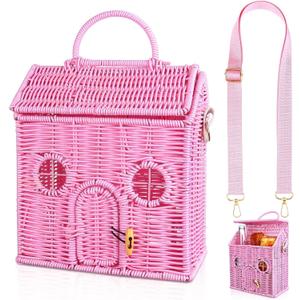 Handmade Rattan Doll House Rattan House Shape Shoulder Bag Wicker Basket with Lid Mouse in a Box Storage BasketDecorative Hand Woven Shelf Organizer Woven Handcrafted Artwork Gift (Pink)