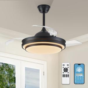 LEDIARY 42 Inch Retractable Ceiling Fans with Lights and Remote, Fandelier Ceiling Fans with LED Lighting, Smart Modern Ceiling Fan, Stepless Color Changeable, Dimmable, Timer Setting, Black