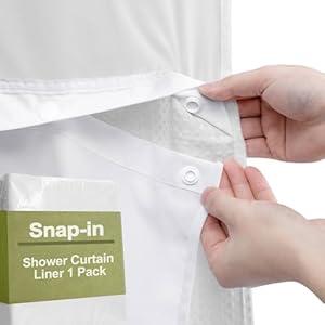 YellyHommy Waterproof Fabric Snap in Shower Curtain Liner Replacement with 2 Magnets 35" W x 55" L for 36" W x 75" L No Hook Shower Curtain - Removable & Detachable to Wash - White