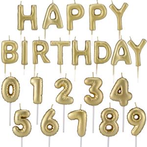 MTLEE 23 Pcs Happy Birthday Balloon Candles Cake Topper Letters Numeral Cake Candles for Birthday Decoration Party Supplies, Gold