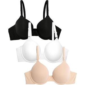 Fruit of the Loom Women's Smooth Cotton T-Shirt Bra - Ultra-Soft, Flexible, and Invisible Under Tees,  34B, Black Hue/Sand/White