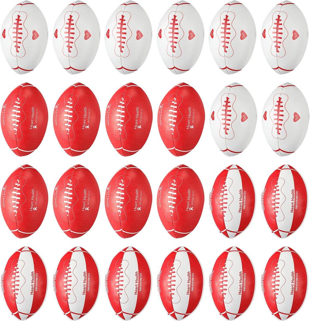 24 Pcs Heart Health Awareness Stress Ball Set, Red Ribbon 3.4 Inches Football Stress Relief Toys Heart Health Disease Cancer Awareness for Family Charity Fundraiser Activity Gifts