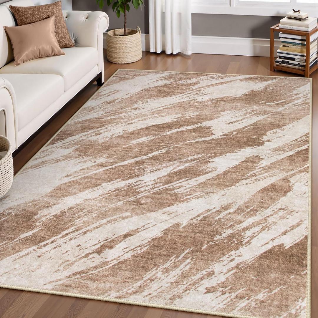 Lahome Abstract Washable Rugs 5x7, Non Slip Ultra-Thin Living Room Rugs Indoor Soft Bedroom Area Rug, Print Stain Resistant Non Skid Modern Rug Carpet for Dining Room Office Guest Room (5'x7', Brown) 