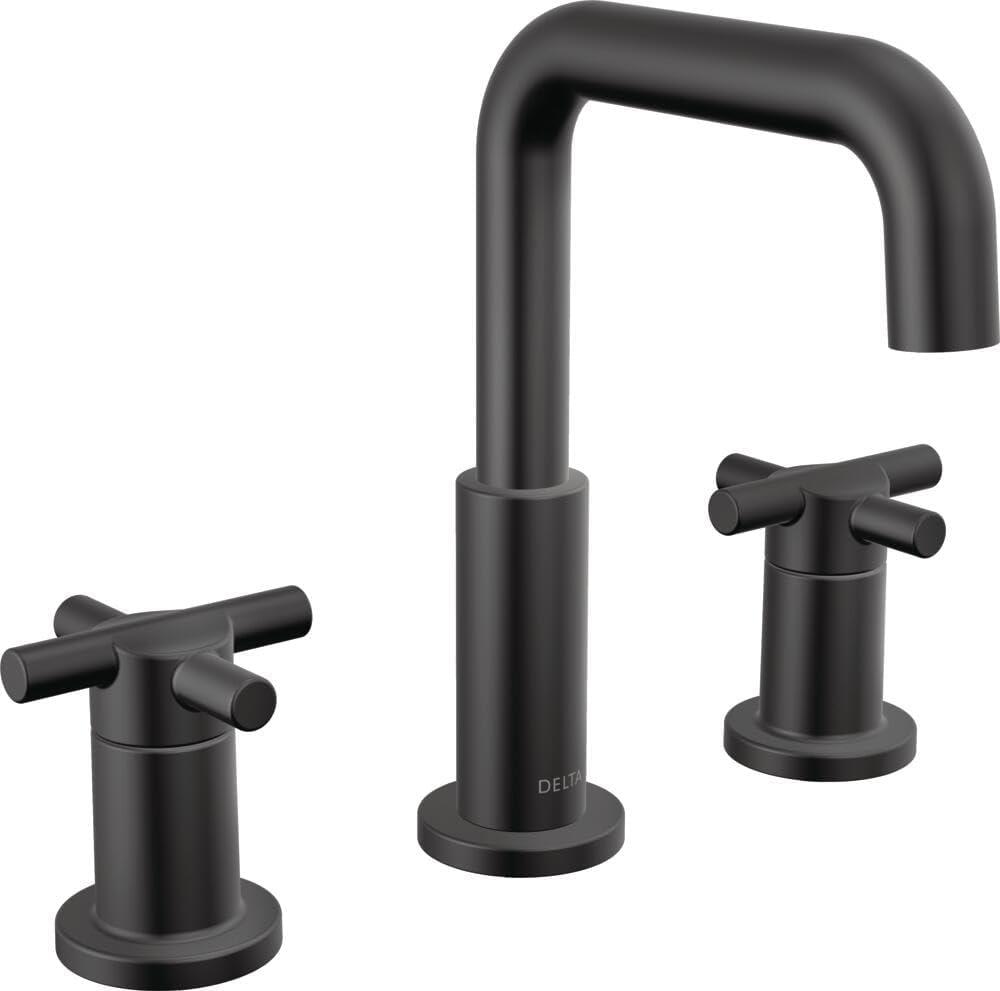 Delta Nicoli Matte Black Bathroom Faucet 3 Hole, 8 Inch Widespread Bathroom Sink Faucet for Vanity, Push-Pop Drain Assembly, Matte Black 35894LF-BL