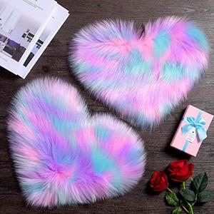 Mudder 2 Pcs Faux Fur Rug, Heart Shaped Rugs, Fluffy Decorative Mat for Room Home Chair Side, Desk Feet, Nursery, Photo Background & Valentine Decor, 12 x 16 Inch(Pink, Purple, Green)