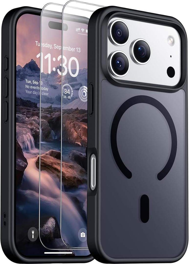 SPIDERCASE for iPhone 17 Pro Case, Magnetic Translucent Matte Case with 2PCS Tempered Glass Screen Protector Slim Phone Case for iPhone 17 Pro 6.3'', Black
