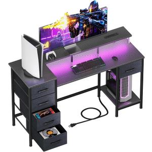 47 Inch Computer Gaming Desk with Power Outlets & LED Lights Reversible Home Office Desk with Adjustable 5 Fabric Storage Drawers for Working Writing Study, Carbon Fiber Black