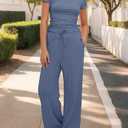 Women's 2 Piece Lounge Set Ruched Short Sleeve Tops High Waisted Wide Leg Pants, Medium
