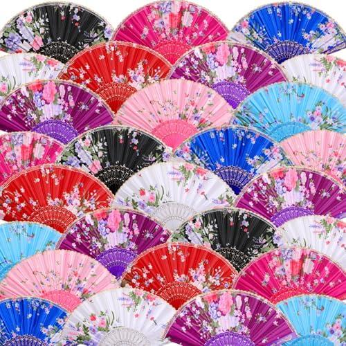 Geetery 50 Pcs Folding Chinese Hand Fan Bulk Different Flower Patterns Fabric Clacking Fans for Line Dancing for Popping Wedding Church Party(Silk,Retro)