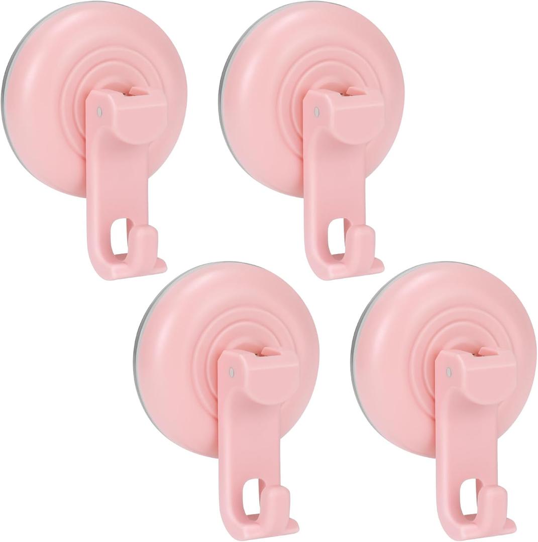 TACGEA Suction Cup Hooks for Shower, Powerful Vacuum Shower Hook for Towel, Robe, Loofah - Reuseable and Removeable Bathroom Hook, Pink, 4 Pack