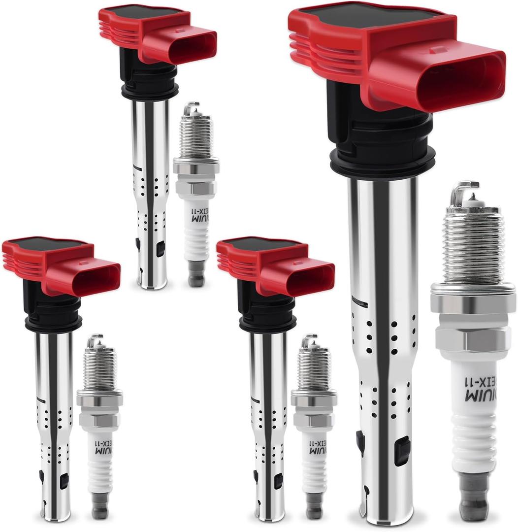 Set of 4 Ignition Coil Packs & Iridium Spark Plugs Compatible with 2.0L L4 2005-2018 Audi A3 A4 A5 A6 Q3 Q5 TT, 2006-2017 VW CC Eos GTI Golf Jetta Passat Tiguan Replace UF529 & 4464