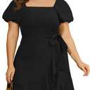 Sampeel Womens Summer Dresses Square Neck Puff Sleeve Tie Waist Short Dress (Black, L)