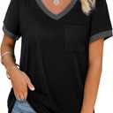 Geifa Womens T Shirts Short Sleeve V Neck Loose Casual Summer Tops with Pocket (X-Large, Black)
