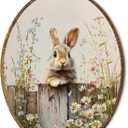 laveliabel Easter Bunny Oval Canvas Art Wall Decor, Rabbit on a Farmhouse Fence Framed Canvas Prints, Spring Bunny Easter Oval Hanging Wall Decor for Home Nursery Playroom, 8.5x11.5 Inches