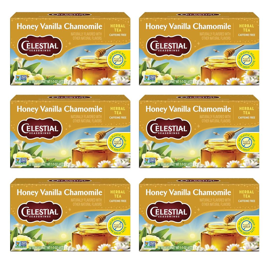 Celestial Seasonings Chamomile Tea Bags - Honey Vanilla Herbal Tea, Caffeine Free, 20 Bags Per Box (Pack of 6) (EXP 03/16/28)