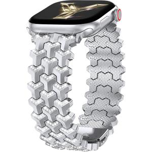 Moolia Luxury Bling Diamond Band Compatible with Apple Watch 42/41/40/38/46/45/44/49mmY-Shaped Metal Link with Crystals Women Replacement for iWatch Series 11 10 9 8 7 6 5 4 3 2 1 SE/Ultra(1/2/3) (Silver)