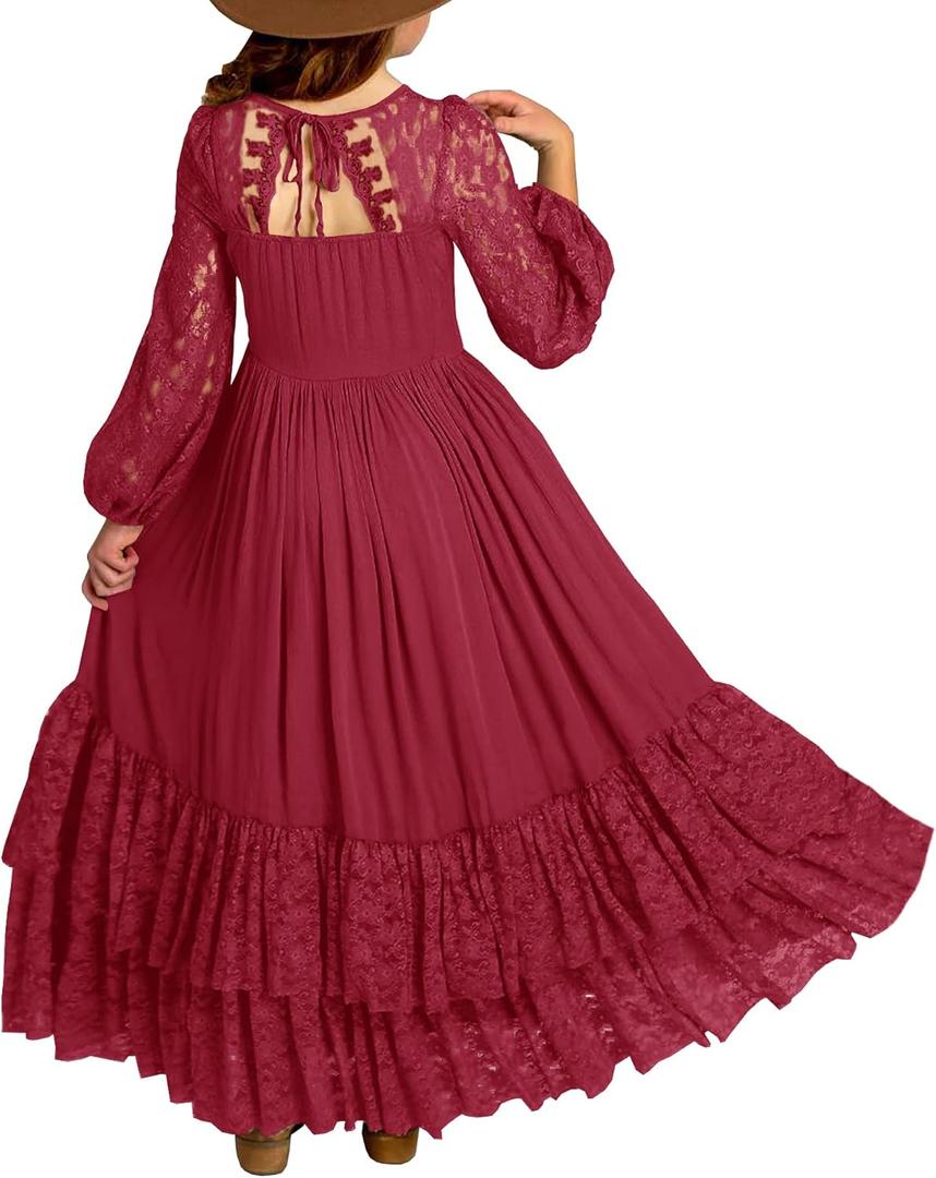 MITILLY Girls Boho Long Sleeve Backless Lace Flower Square Neck Tiered Ruffle Swing Party Maxi Dress (8-9 Years, 07 Wine Red)