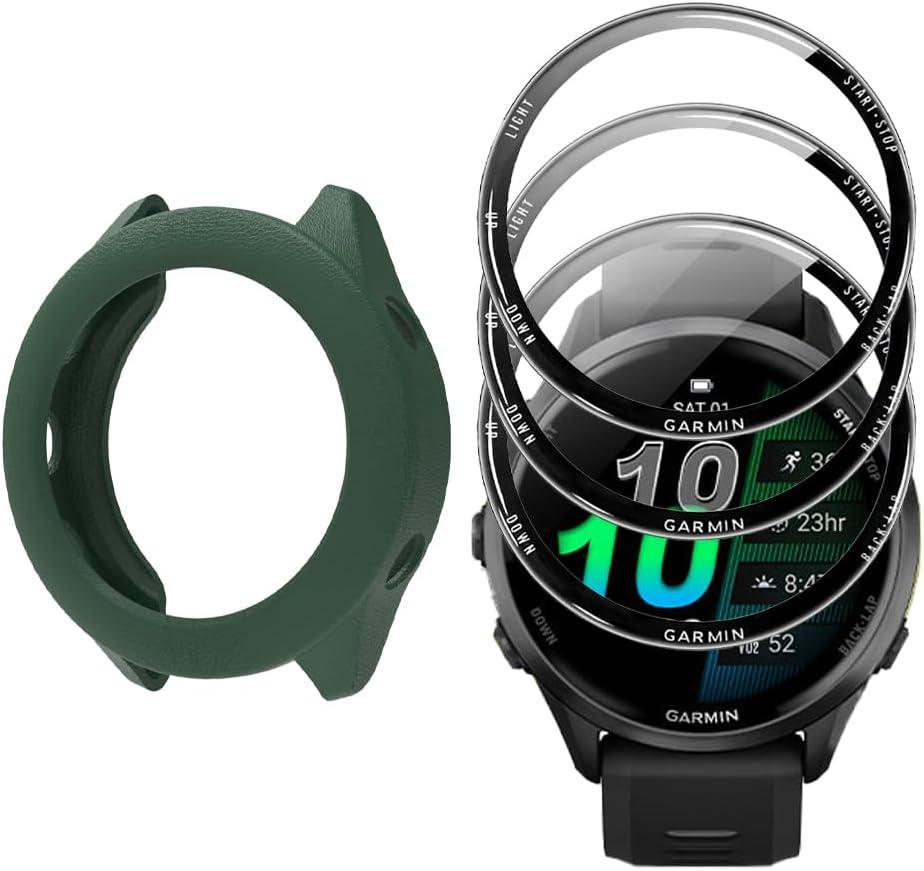 Watch Screen Protector (3+1Pack) Compatible for Garmin Forerunner 570 47mm,Full Coverage 3D Curved Edge Frame PET Film Anti-Scratch High Definition and TPU Protective Case (green)
