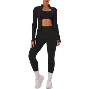 OLCHEE Womens Workout Sets 3 Piece Seamless Long Sleeve Jacket Scrunch Butt Leggings Racerback Sports Bra Yoga Gym Outfits