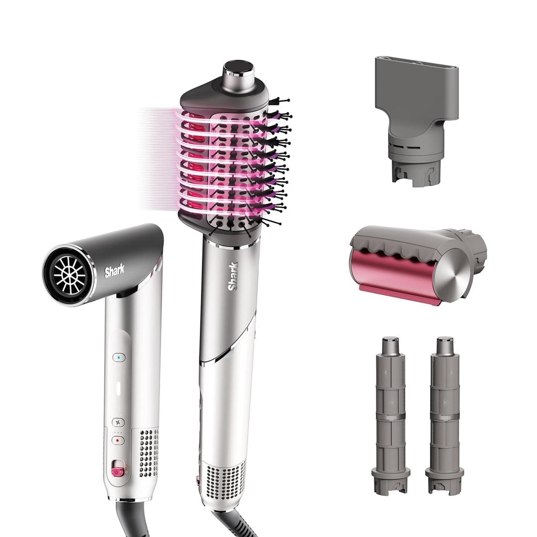 Shark FlexFusion Hair Dryer with Fusion Hair Brush, Ceramic Air Styler with Auto-Wrap Hair Curlers & Concentrator, Ceramic Plates, Metallic Mist HD641