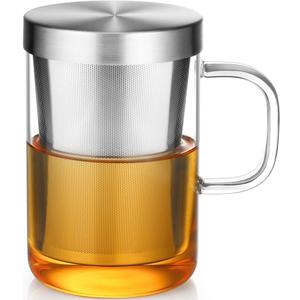 ecooe 16.9 Oz Borosilicate Glass Tea Mug Cup Tea Glasses with Stainless Steel Infuser & Lid, Loose Leaf Glass Tea Cup Teacup 430mL(Use Capacity) (Silver)