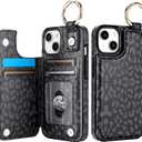 HAOPINSH for iPhone 13 iPhone 14 Wallet Case with Card Holder, Black Leopard Cheetah Print Back Flip Folio PU Leather Kickstand Card Slots Case, Finger Grip Ring Double Magnetic Clasp 6.1"