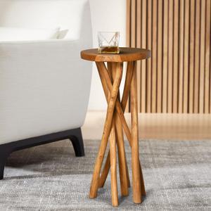 11.8" Round Side Table | Stick Leg Teak Stool | Teak Wood Plant Stand | Accent Table for Living Room, Bedroom, Yard, 27.5" Tall