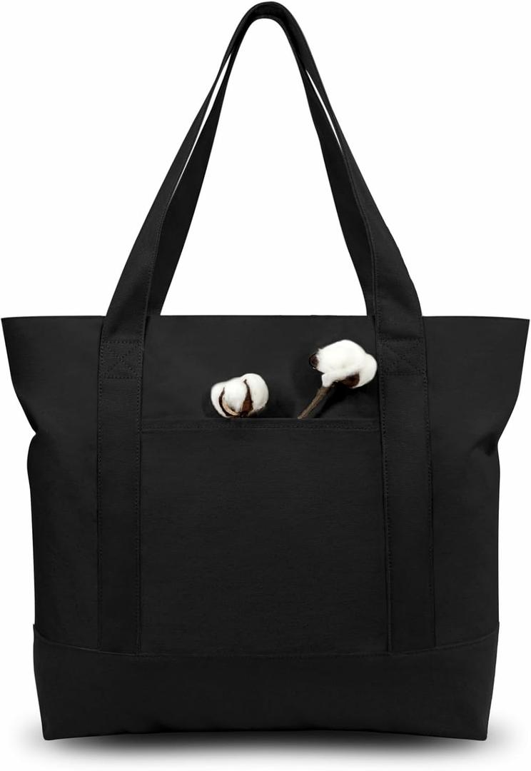 TOPDesign 6-Pack Canvas Tote Bags with an External Pocket, Reusable Grocery Shopping Bags, Top Zipper Closure, Daily Essentials (Black)